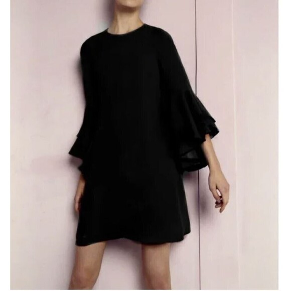 Alexis Black 100% Silk Long 3/4 Sleeve Bell Sleeve Mini Shift Dress Size XS - Picture 10 of 10
